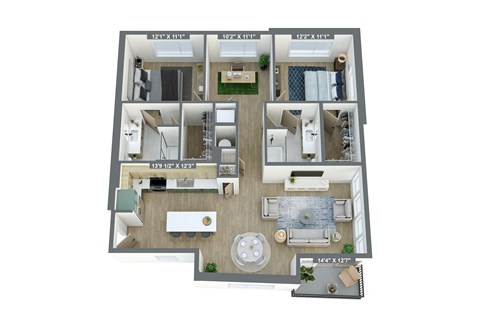 a 3d floor plan of a home with a bedroom and living room